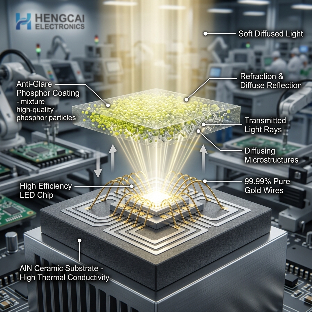 防眩光陶瓷灯珠内部结构3D拆解图,展示氮化铝陶瓷基板、LED芯片、纯金导线和防眩光涂层。