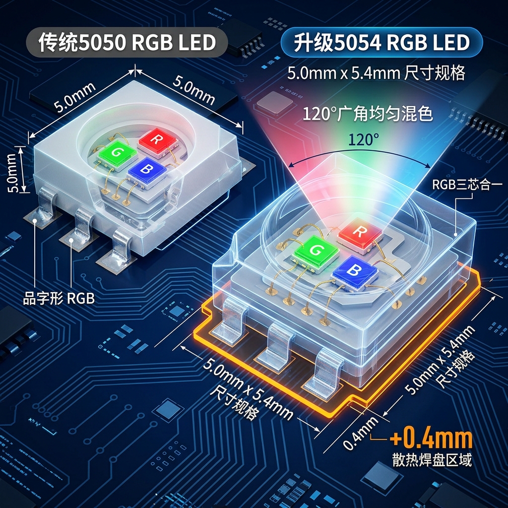 5054 RGB LED灯珠与传统5050封装的结构对比透视图，展示5054扩容的5.4mm散热底座和120度广角混色设计。