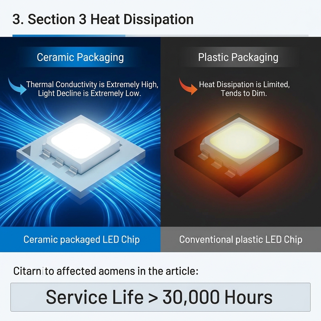 车灯专用陶瓷灯珠与普通塑料封装LED的散热性能对比示意图，直观展现陶瓷封装的高效散热、低光衰优势以及长寿命特性。