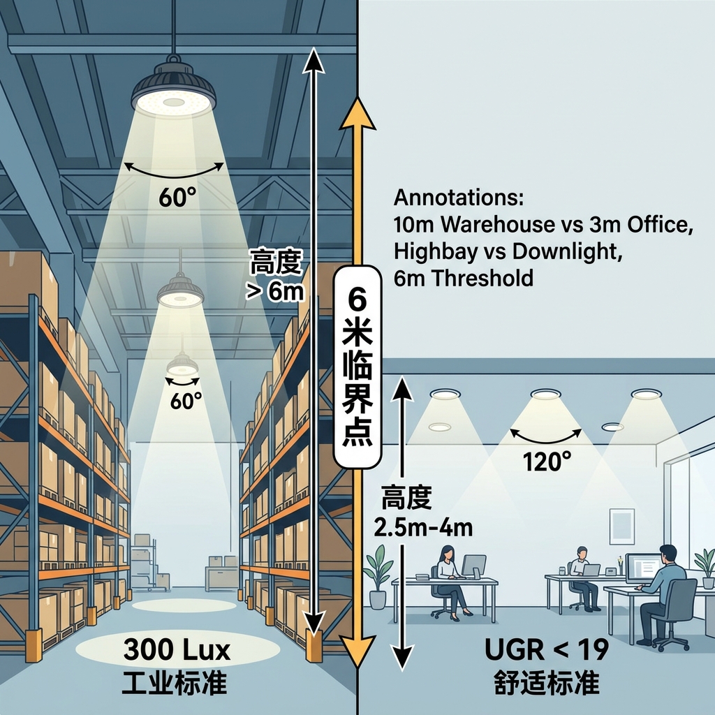 Highbay灯与商业筒灯应用场景对比：左侧工业高棚（10m+）使用Highbay灯精准聚光，右侧办公区（3m）使用商业筒灯柔和漫射，中间轴线标示6米临界点。