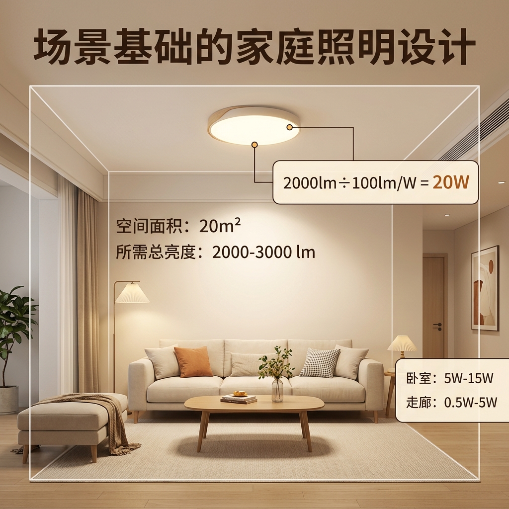 家居客厅照明选购指南信息图，展示如何根据20平方米空间面积推算所需流明（2000-3000lm），再结合光效（100lm/W）计算出合适的LED功率（20W），并提供卧室和走廊的功率参考