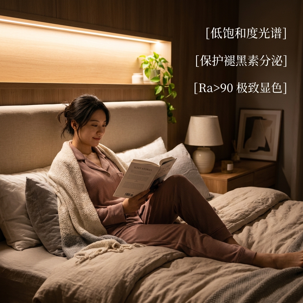 卧室助眠场景：柔和的2700K-3000K暖调淡彩光营造舒适氛围，有效保护视力并促进褪黑素分泌