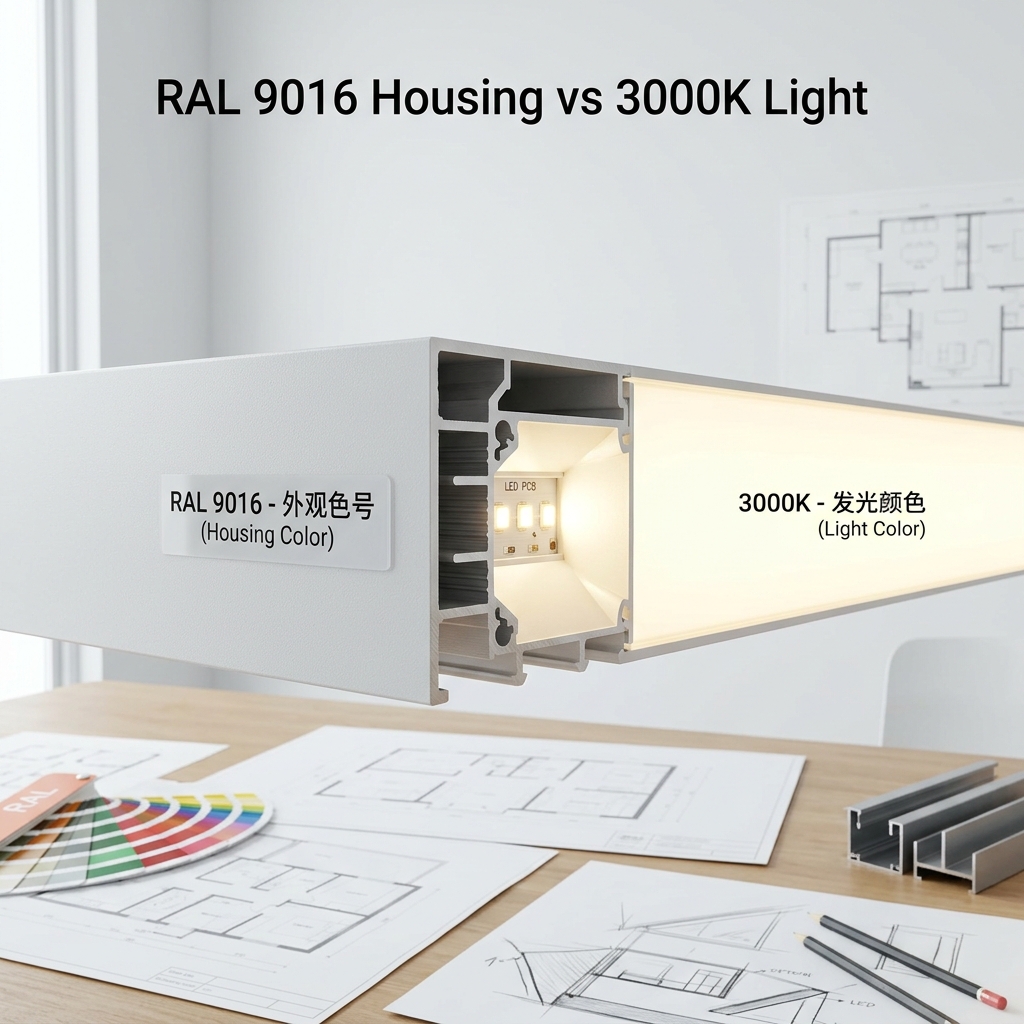 一个线性灯的3D剖面图，展示其外部的RAL 9016交通白型材颜色与内部LED发出的3000K暖白光色，直观对比灯带外观色号和发光颜色参数。
