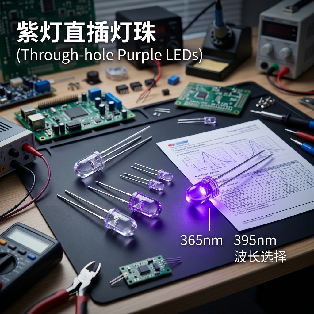 紫灯直插灯珠：3mm与5mm规格展示，点亮的灯珠发出深邃紫光，技术规格书隐约可见365nm与395nm波长信息，体现专业电子工程桌面场景。