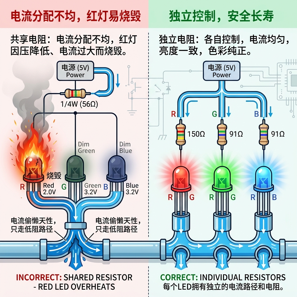 对比图，展示RGB灯珠共用一个电阻导致红灯烧毁的错误接法，以及独立为红、绿、蓝灯珠各配一个电阻以实现均衡发光的正确接法。