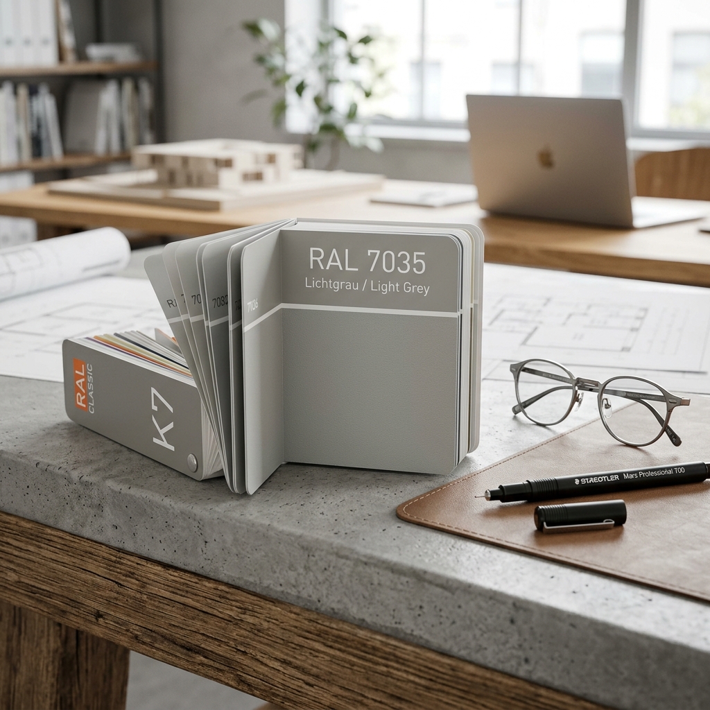 展开的RAL Classic K7色卡，显示RAL 7035（浅灰色）及其专业应用场景。