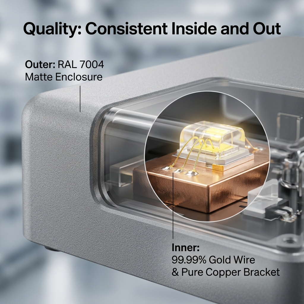 高品质硬件产品半透明结构渲染图，展示RAL 7004哑光外壳下，内部精密LED组件中的99.99%金线和纯铜支架，体现表里如一的品控。