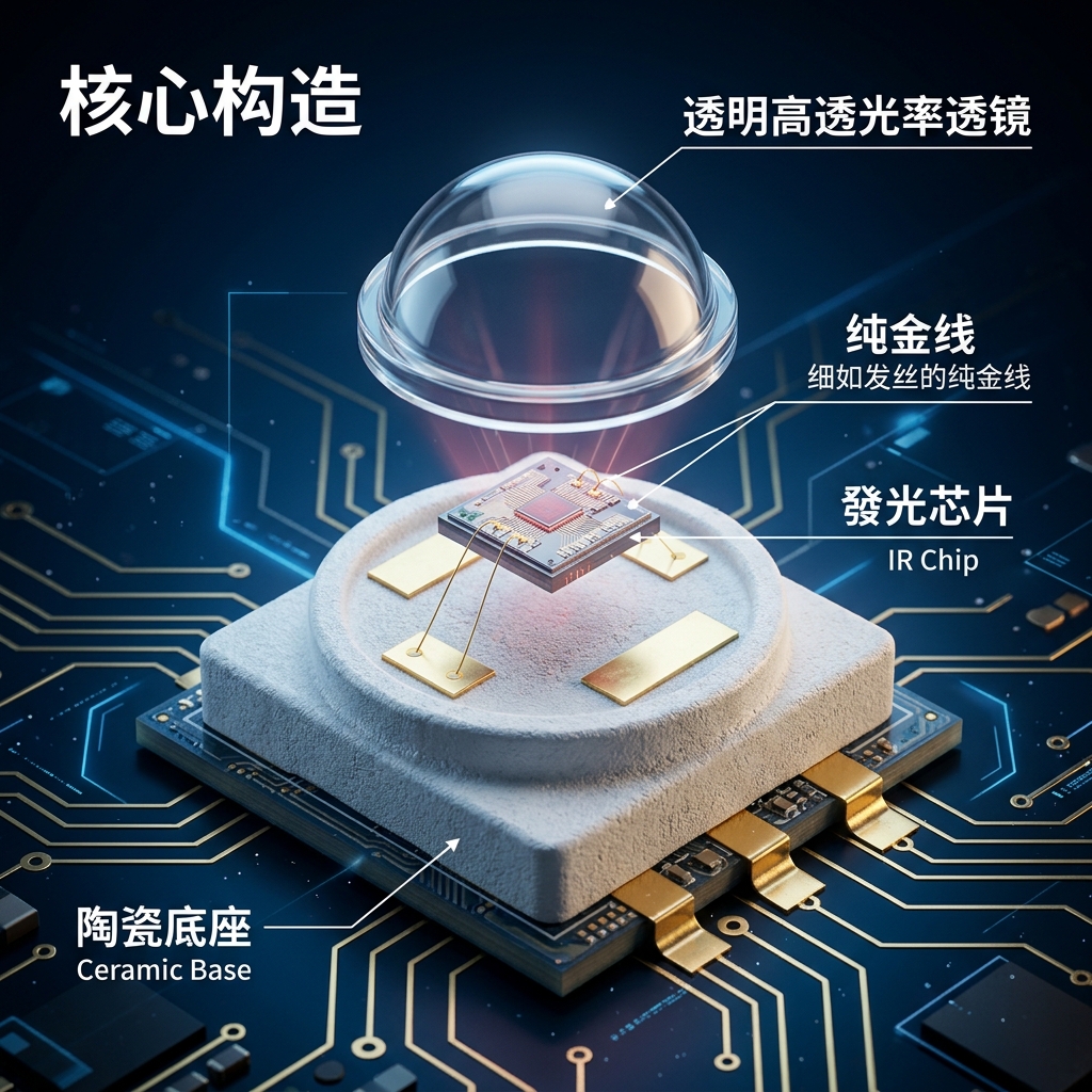 红外陶瓷灯珠核心构造的拆解图，展示了陶瓷底座、发光芯片、纯金线和透镜等关键部分