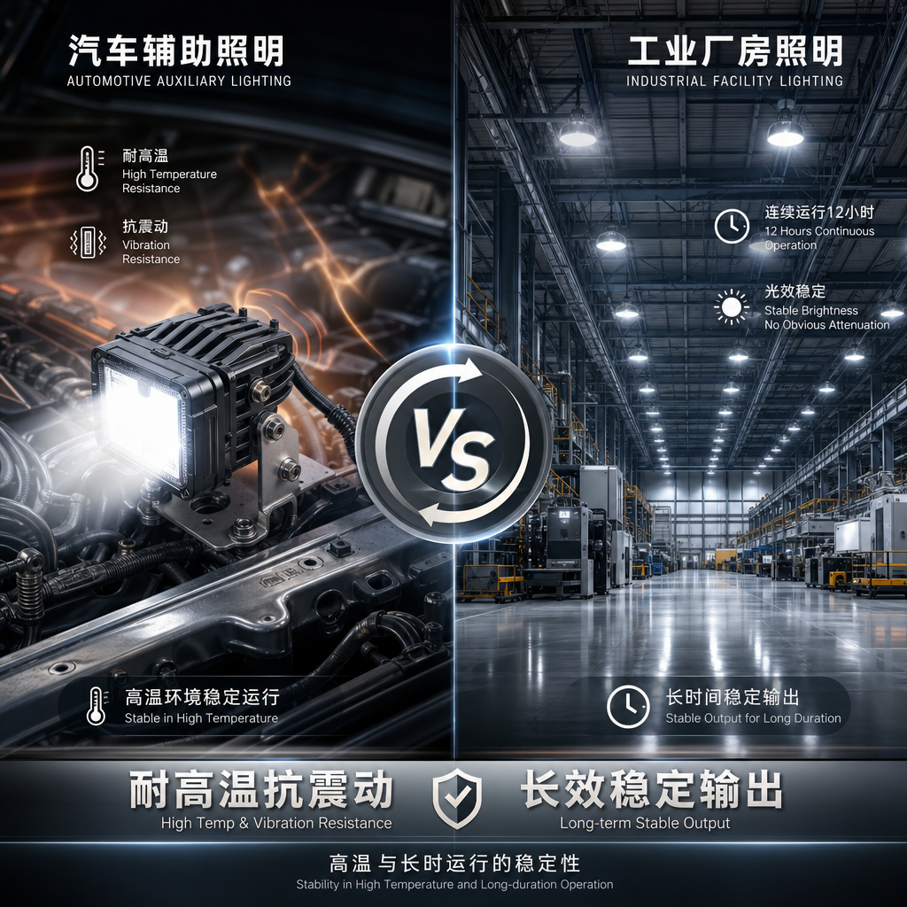 高电流陶瓷灯珠在汽车辅助照明和工业厂房照明中的应用场景，强调高温与长时运行的稳定性