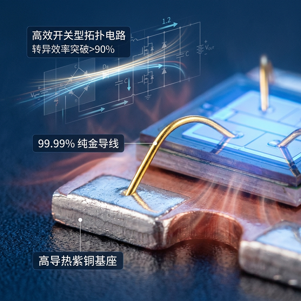 一张微距技术拆解图，展示LED芯片内部的99.99%纯金导线和高导热紫铜支架，说明顶级原材料与恒流系统的协同作用，以实现高效散热和长期稳定性。