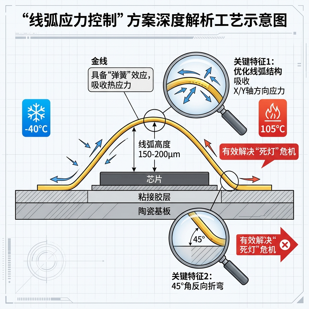 LED封装引线键合线弧应力控制示意图，展示150-200微米线弧高度及45度反向折弯，以吸收高低温冲击产生的热应力。