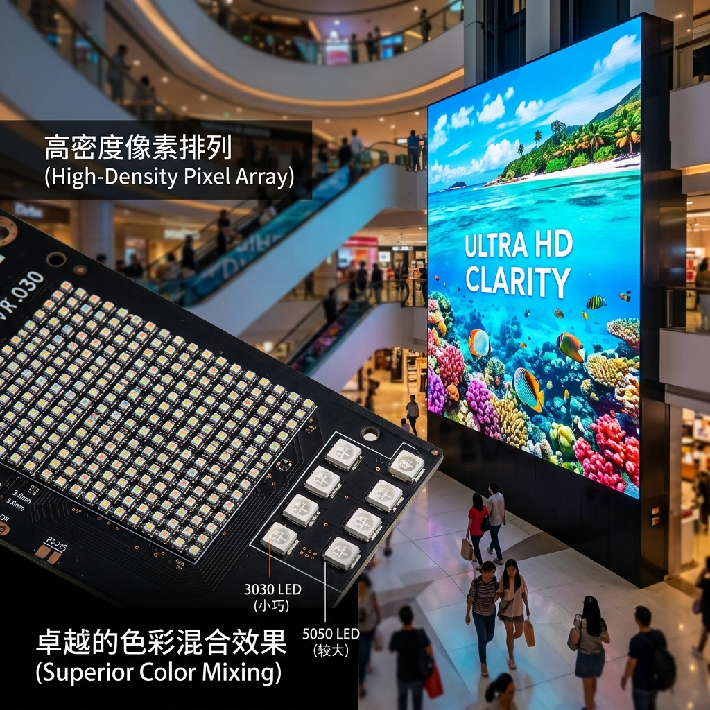 3030全彩LED灯珠在高清晰度像素屏中的应用展示，密集的灯珠排列确保卓越的色彩混合与细腻画面，背景为繁华商场的LED显示屏