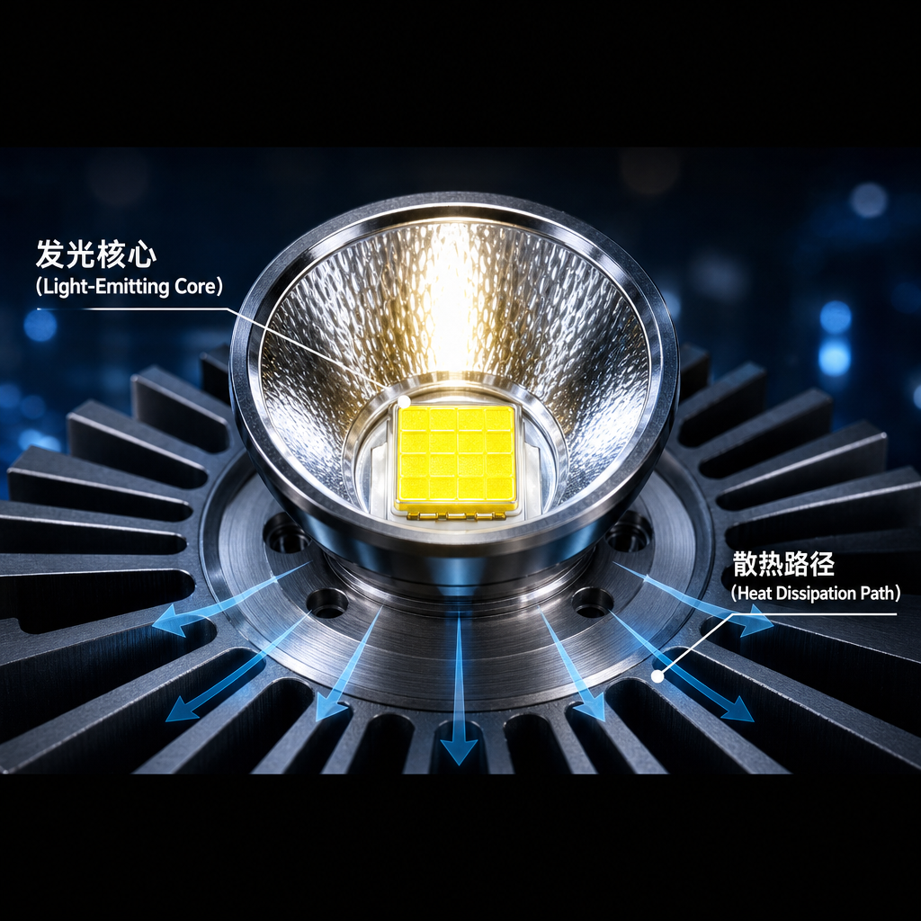 高亮度手电筒LED灯珠特写，展示其发光核心和散热路径，强调手电筒的精密工程和专业感