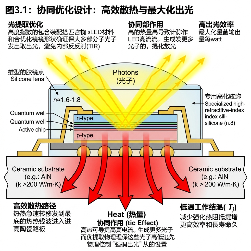 LED封装中的热管理与光提取优化示意图，展示热量高效散发与光线顺畅出射的原理
