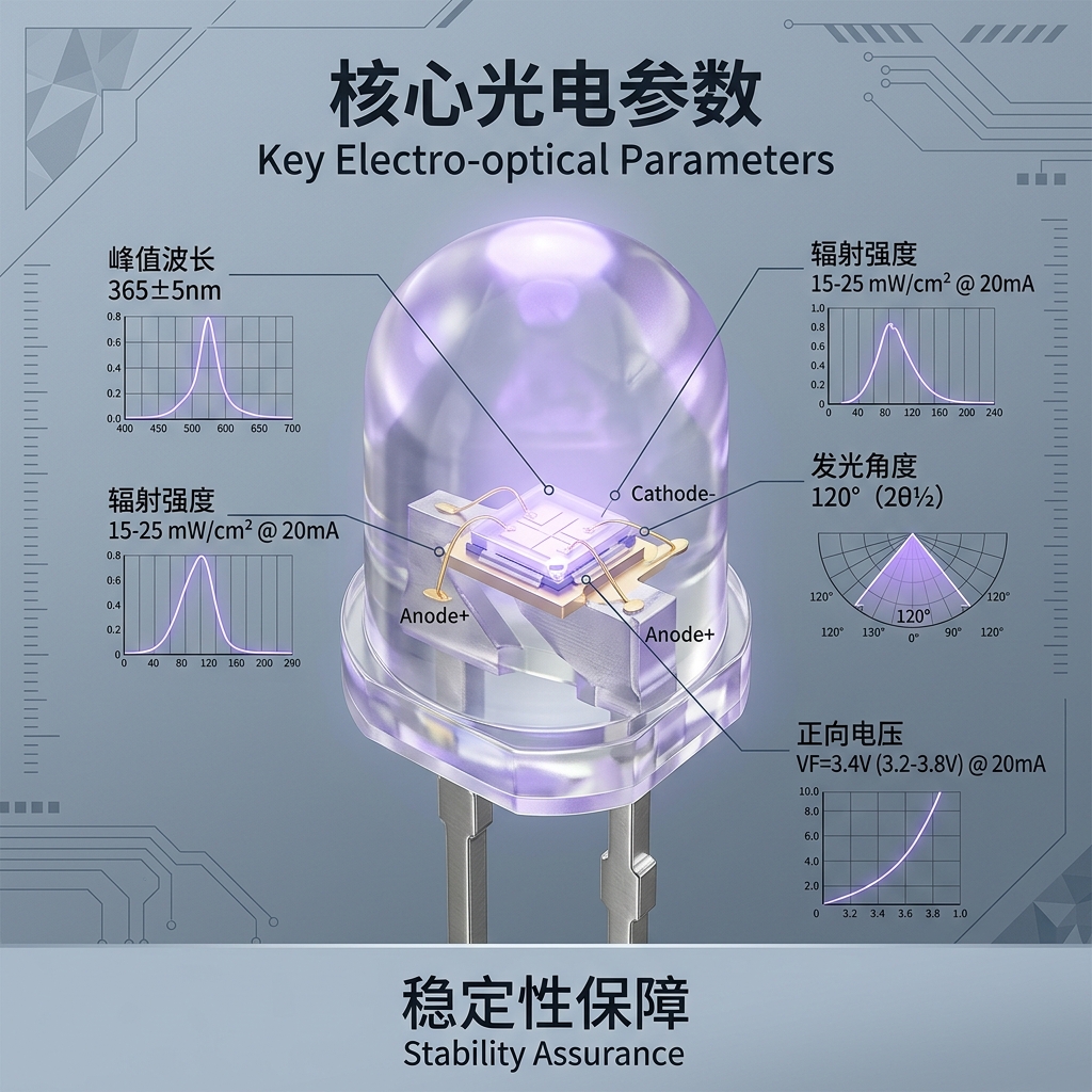 紫灯直插灯珠的3D剖析图，展示内部芯片、金线与支架结构，并动态标注峰值波长、辐射强度、发光角度和正向电压等核心光电参数。