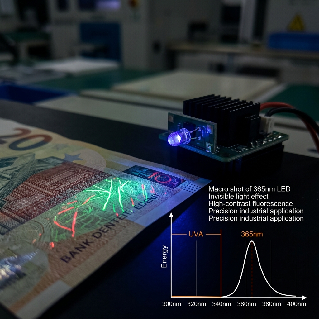 365nm UVA LED微距照射防伪纸币，展现其在极低可见光下高效激发隐藏荧光的高对比度效果，适用于精密检测。