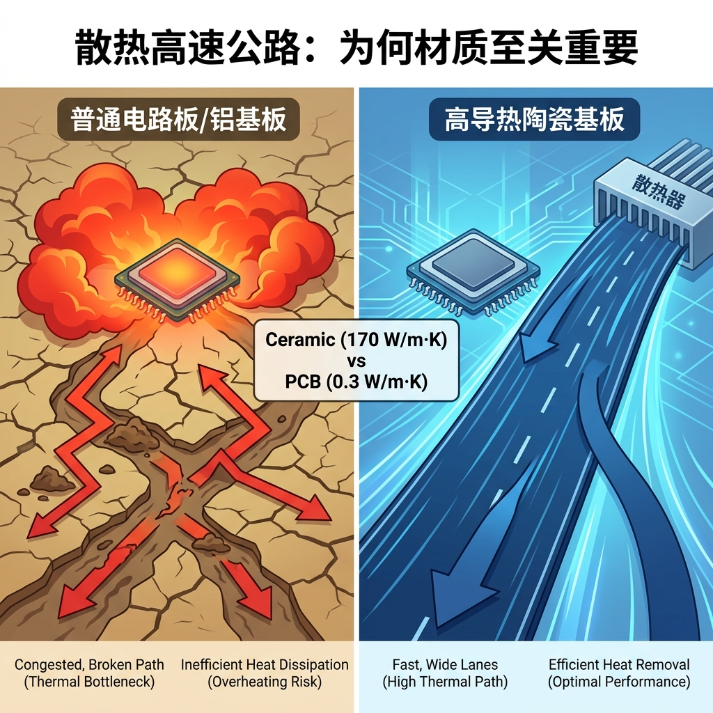 高导热陶瓷基板与普通电路板散热能力对比图,形象展示陶瓷基板像高速公路般高效传热,而普通材料如泥泞小路般阻碍散热。