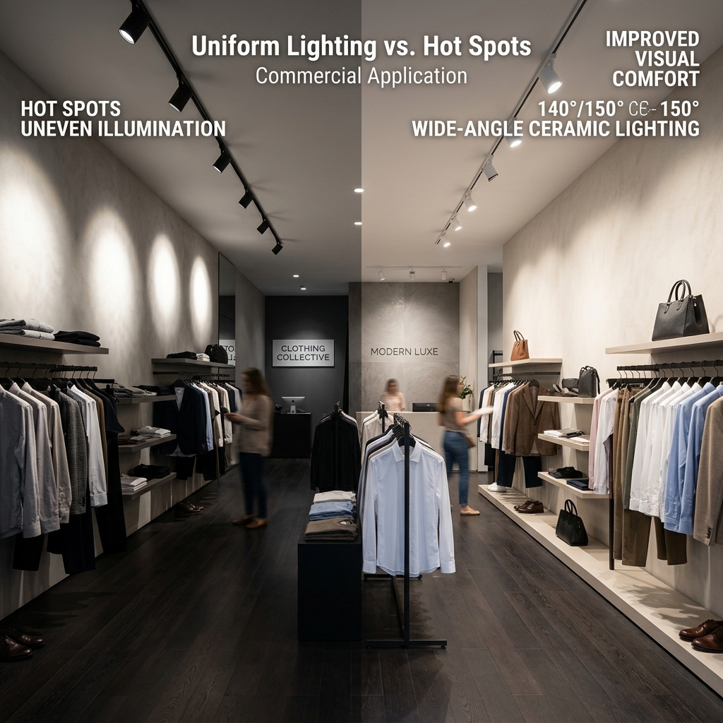 商业照明场景应用对比图：广角度陶瓷灯珠实现均匀柔和光照，避免亮斑