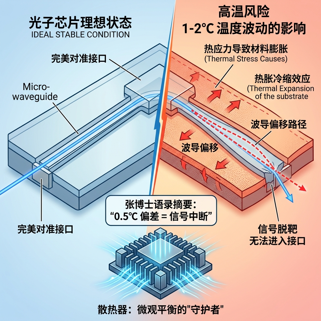 光子芯片波导在理想状态与受温度波动热胀冷缩影响下的对比图，直观展示1-2度温差如何导致光束折射偏移，造成信号中断，强调精密热管理对波长稳定性的关键作用。