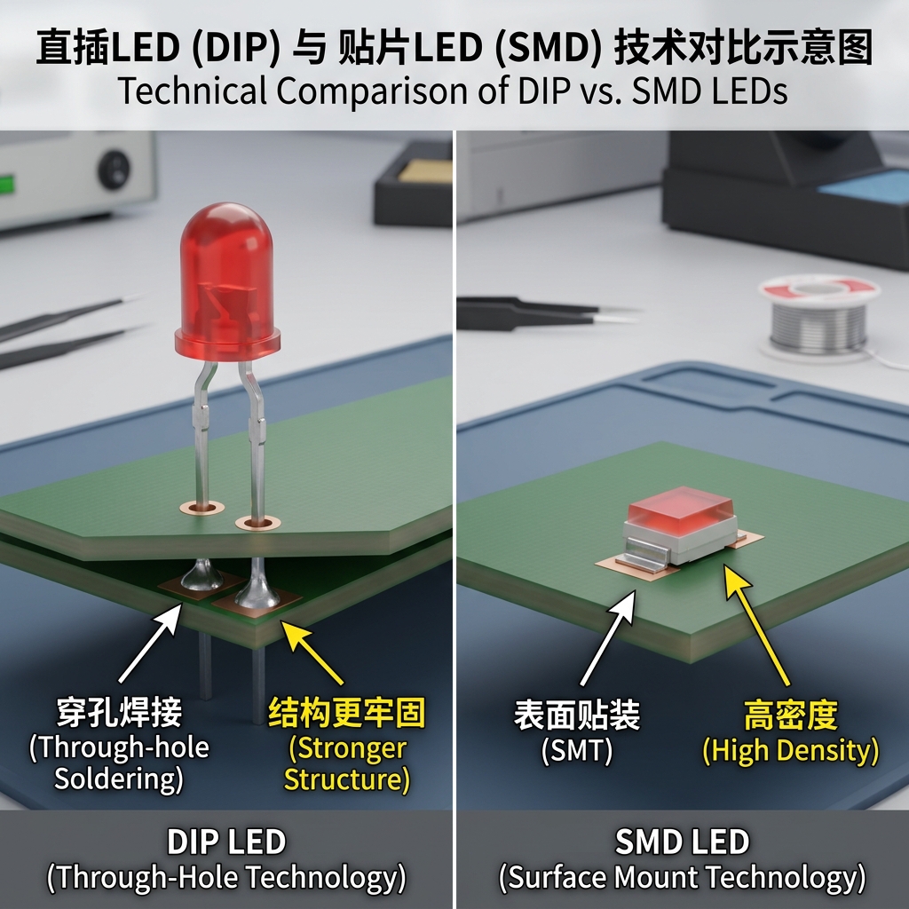直插LED（穿孔焊接）与贴片LED（表面贴装）技术对比示意图