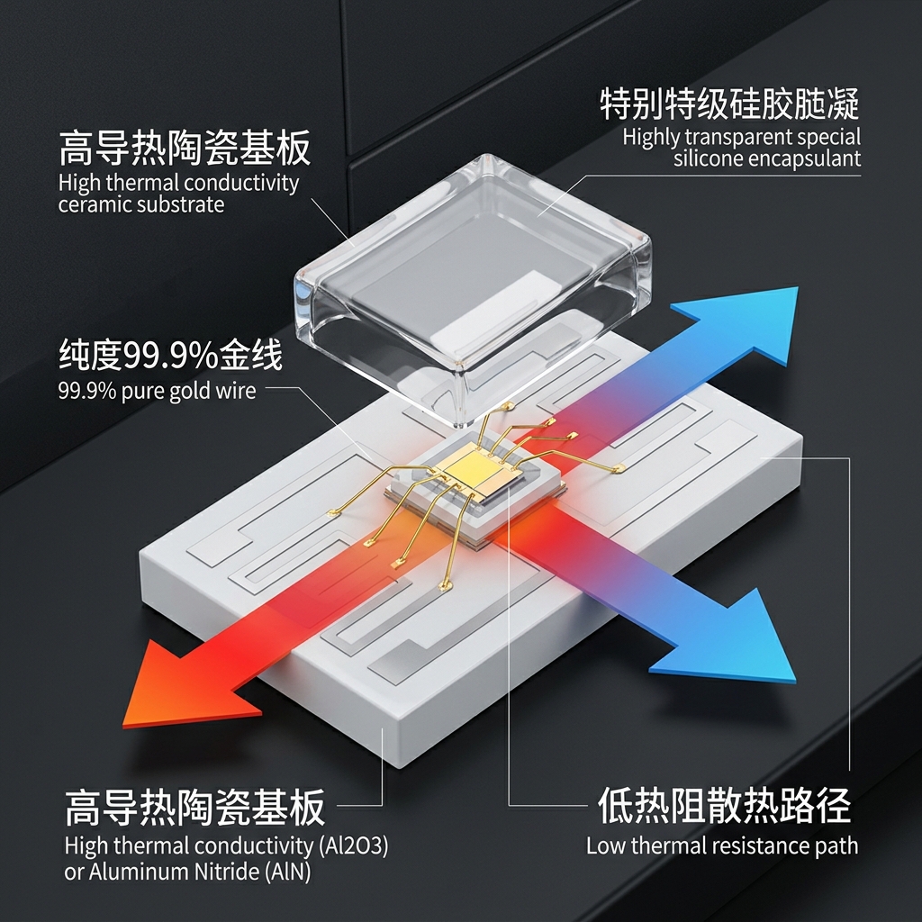 陶瓷灯珠的3D拆解示意图，展示高纯度陶瓷基板、金线和特种硅胶的内部结构，并用热流箭头强调其卓越的低热阻散热性能。