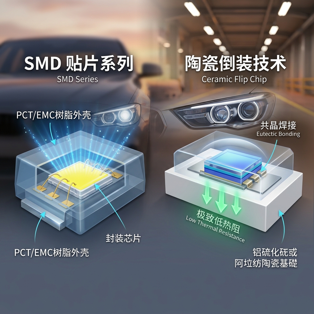 LED主流封装技术对比图:展示SMD贴片(如3030、5050)的树脂外壳与陶瓷大功率封装的倒装芯片共晶焊接结构,突出陶瓷封装的极致低热阻特性。