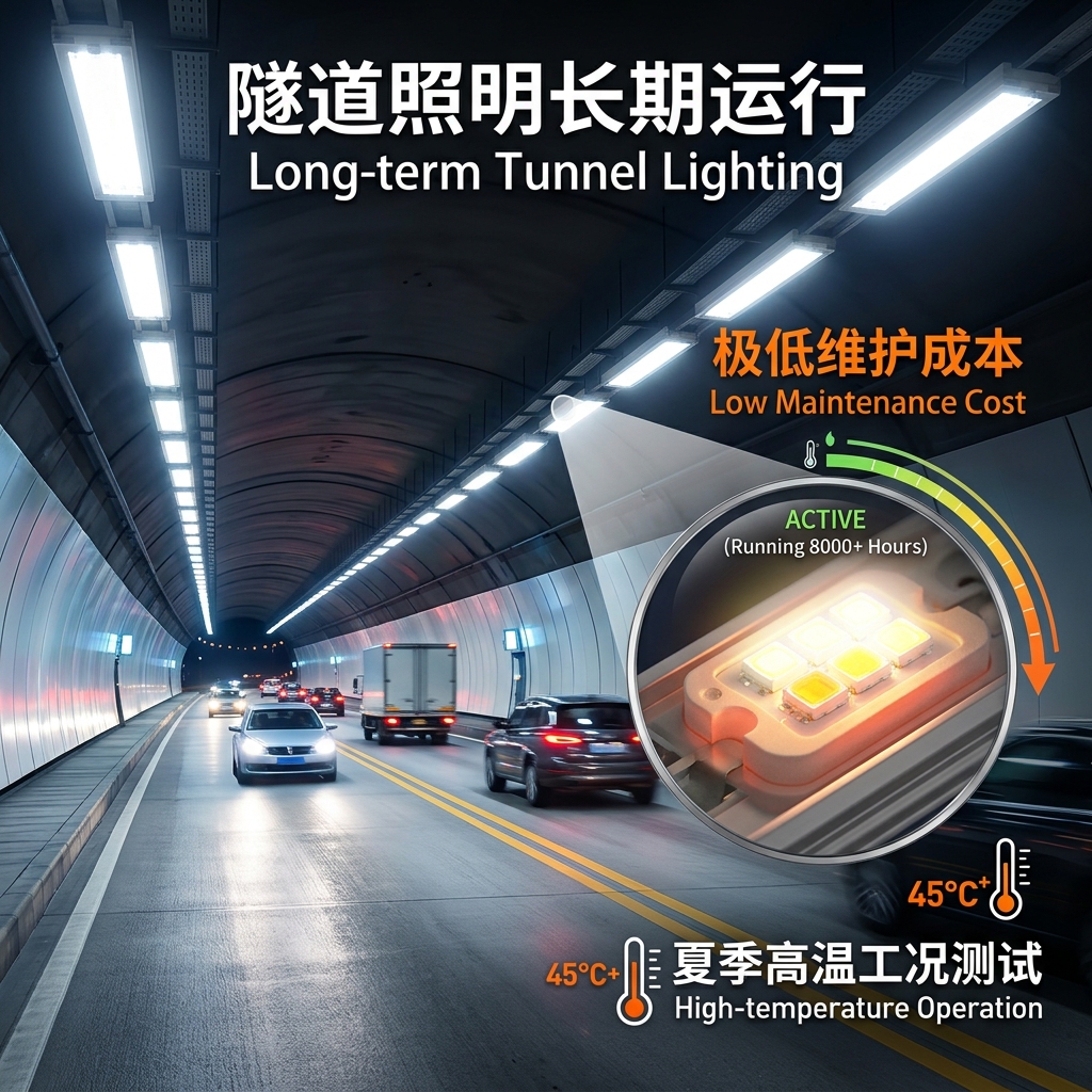 超高压陶瓷灯珠在隧道照明中的应用场景，展示其在长期运行、高温工况下仍能保持低光衰，降低维护成本。