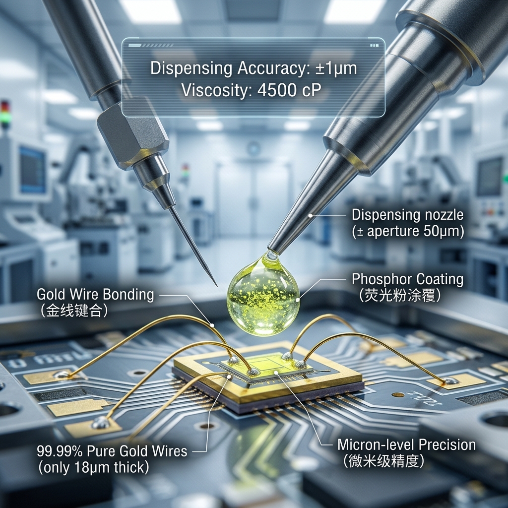 LED芯片微米级封装与精准点胶：展示全自动机械臂通过99.99%金线键合，并以±1微米精度将混合YAG荧光粉的硅胶滴涂在芯片上方。