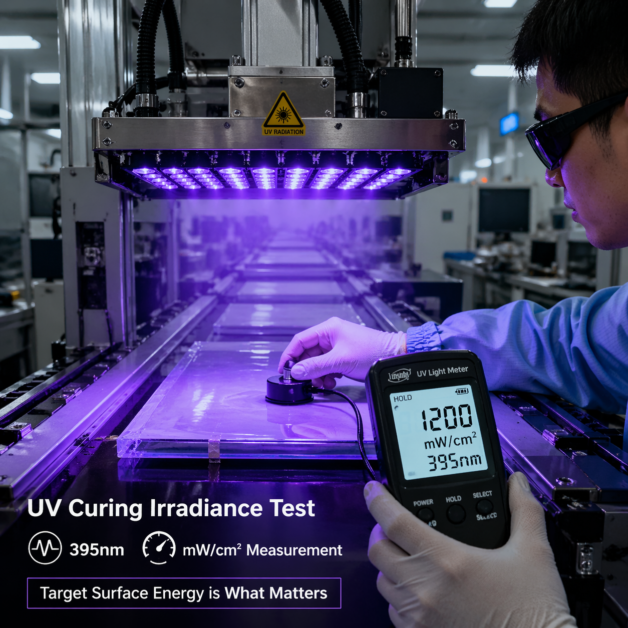 UV固化工业应用场景图，技术人员正手持UV辐照计测量产线上UV灯阵列下的涂层表面能量，仪器显示1200 mW/cm²和395nm，强调实际测量目标面能量的重要性。