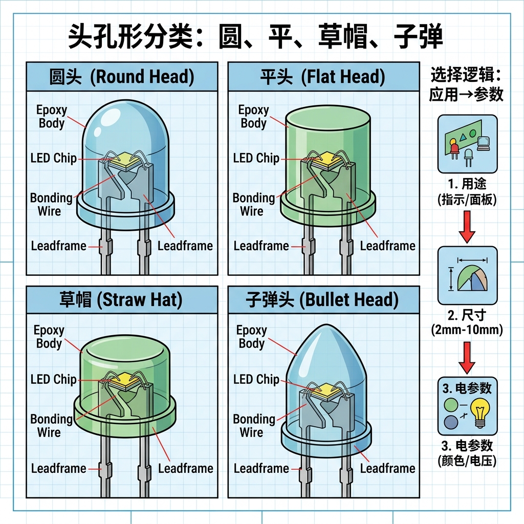 直插灯珠外形分类示意图：圆头、平头、草帽和子弹头LED灯珠特写，并附有用途、尺寸、电参数的简化选型流程。