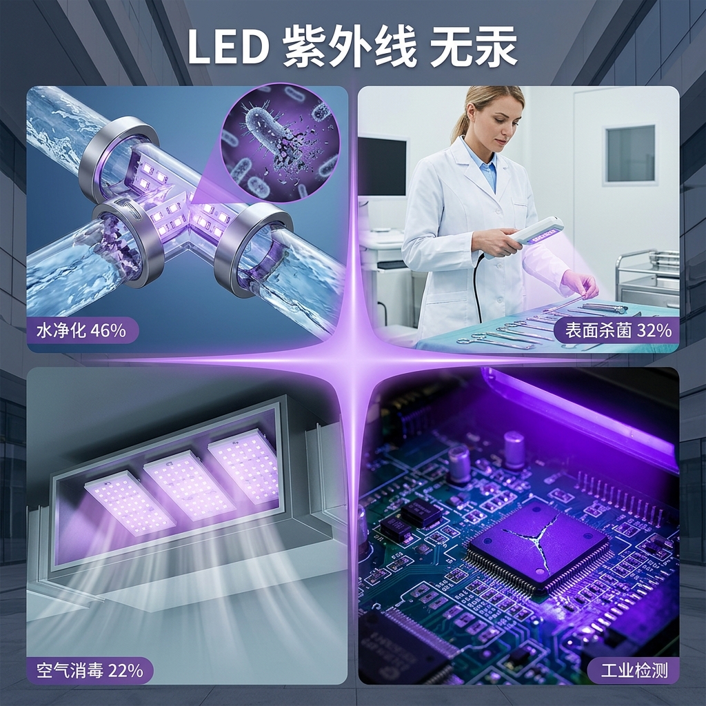 LED紫外线无汞技术的四大应用场景拼贴图,包括水净化(46%)、表面杀菌(32%)、空气消毒(22%)和工业机器视觉检测,展示其在各领域的广泛应用。