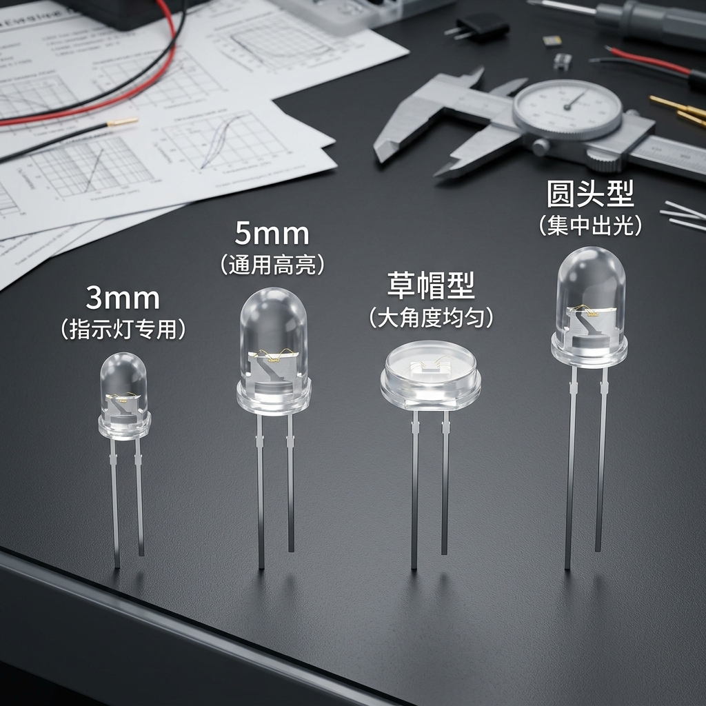 直插灯珠类型概览：展示3mm、5mm、草帽型和圆头型直插灯珠及其应用特点