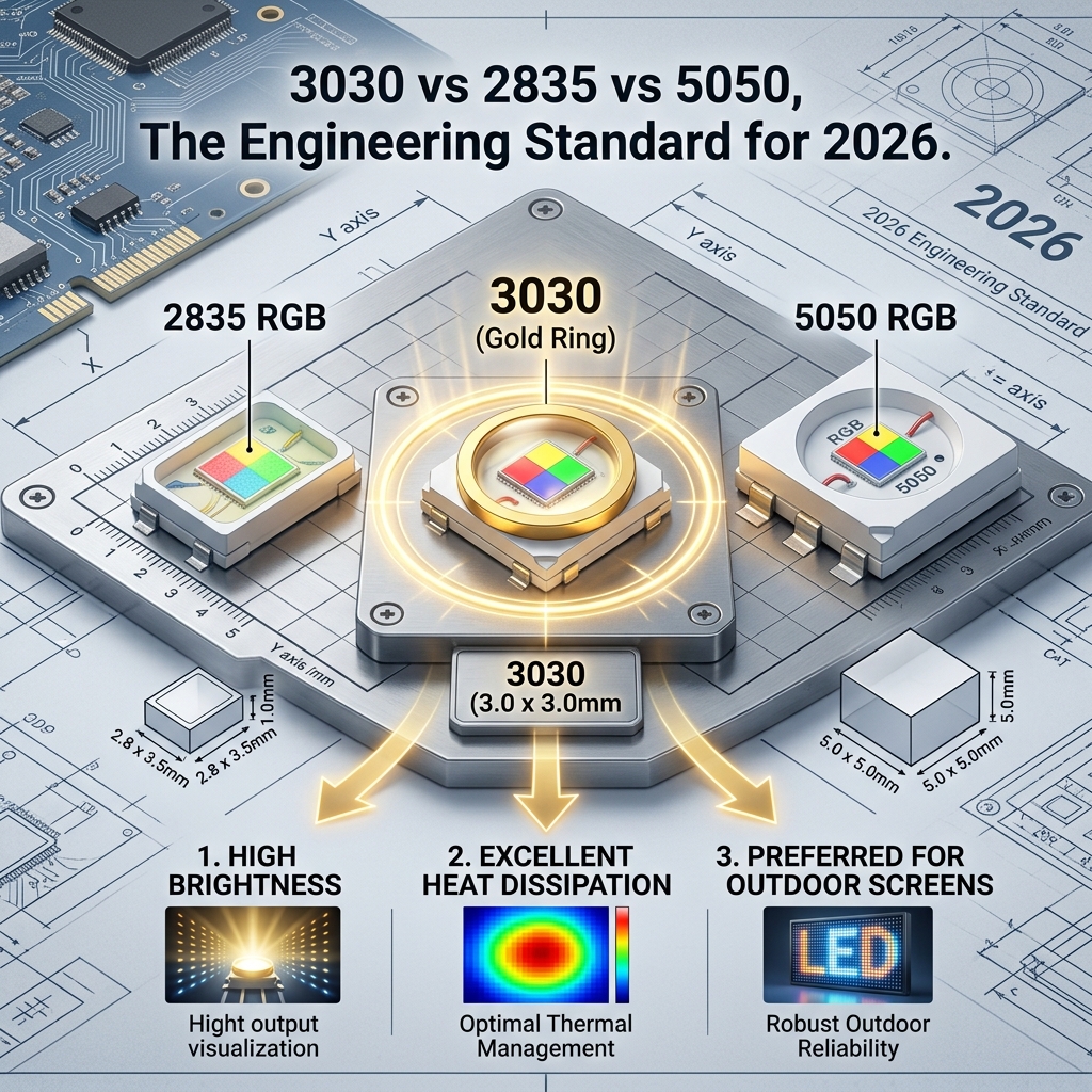 2835、3030全彩与5050三种主流RGB封装LED型号的对比信息图，突出3030作为户外大屏及高端应用首选的优势。