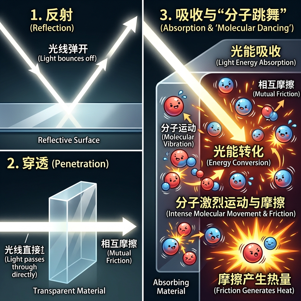 光与物体相互作用的科学原理示意图:反射、穿透与吸收,以及分子吸收光能后运动摩擦生热的过程