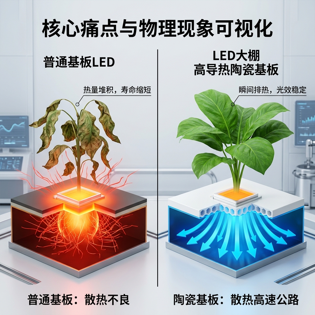 对比图：普通LED基板因热量堆积导致芯片过热植物枯萎；高导热陶瓷基板快速散热，确保LED光效稳定植物繁茂