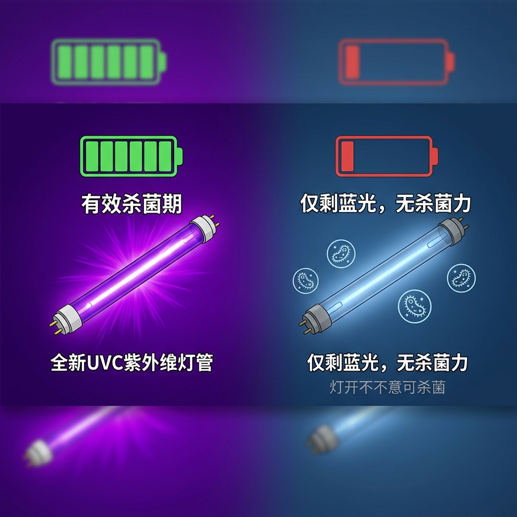 UVC灯管有效杀菌期与寿命耗尽后仅剩蓝光的对比,图示有效寿命像能量条一样被消耗。