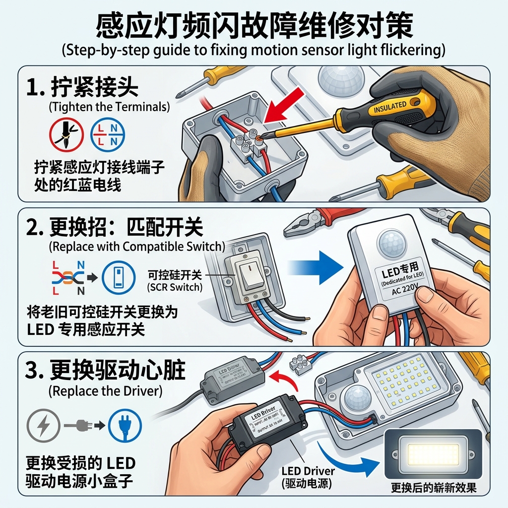 LED感应灯维修步骤图：包括用螺丝刀拧紧电线接头、更换为LED专用感应开关，以及更换灯泡内部的LED驱动电源，为用户提供直观的解决指导。