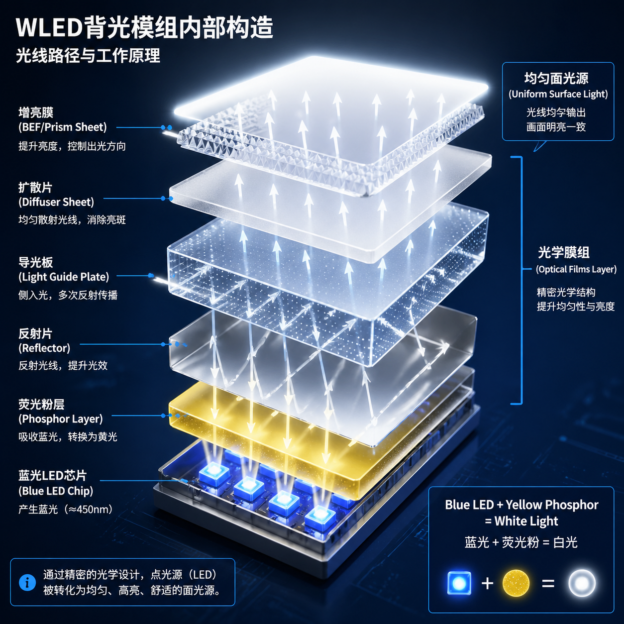 WLED背光模组工作原理图，展示蓝光LED通过荧光粉转换为白光，再经过导光板、扩散片和增亮膜形成均匀面光源的过程。
