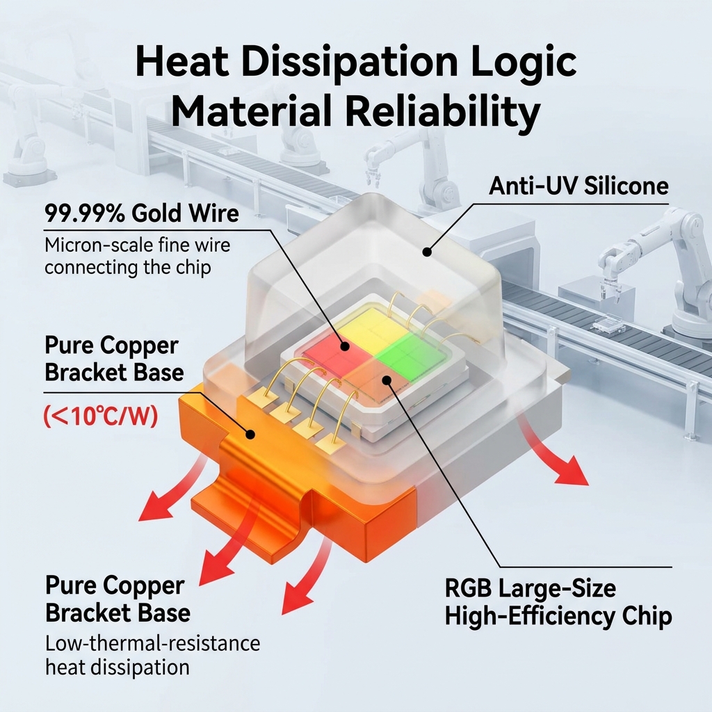 3030全彩LED内部结构3D透视图，清晰展示99.99%纯金导线、纯铜支架（热阻<10°C/W）、RGB高光效芯片及抗UV封装硅胶，突出其卓越的散热与材料可靠性。