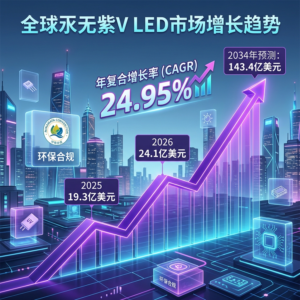 全球无汞紫外线LED市场增长趋势的3D信息图,展示市场规模从2025年的19.3亿美元增长到2034年预测的143.4亿美元,年复合增长率达24.95%,强调市场爆发式增长和环保合规。