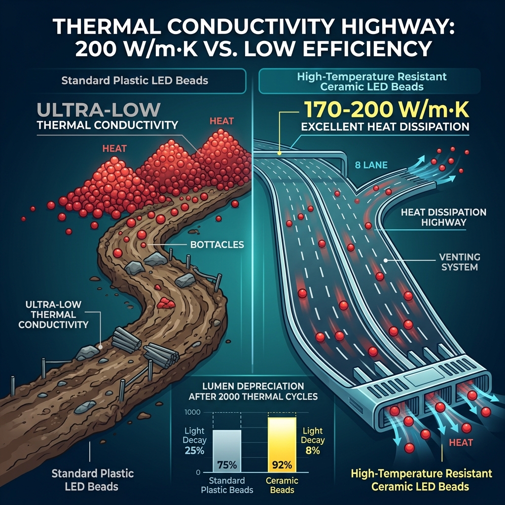 核心数据对比信息图:对比普通塑料灯珠低效散热与陶瓷灯珠高效散热(导热系数170-200 W/m·K),及2000次热循环后光衰差异。
