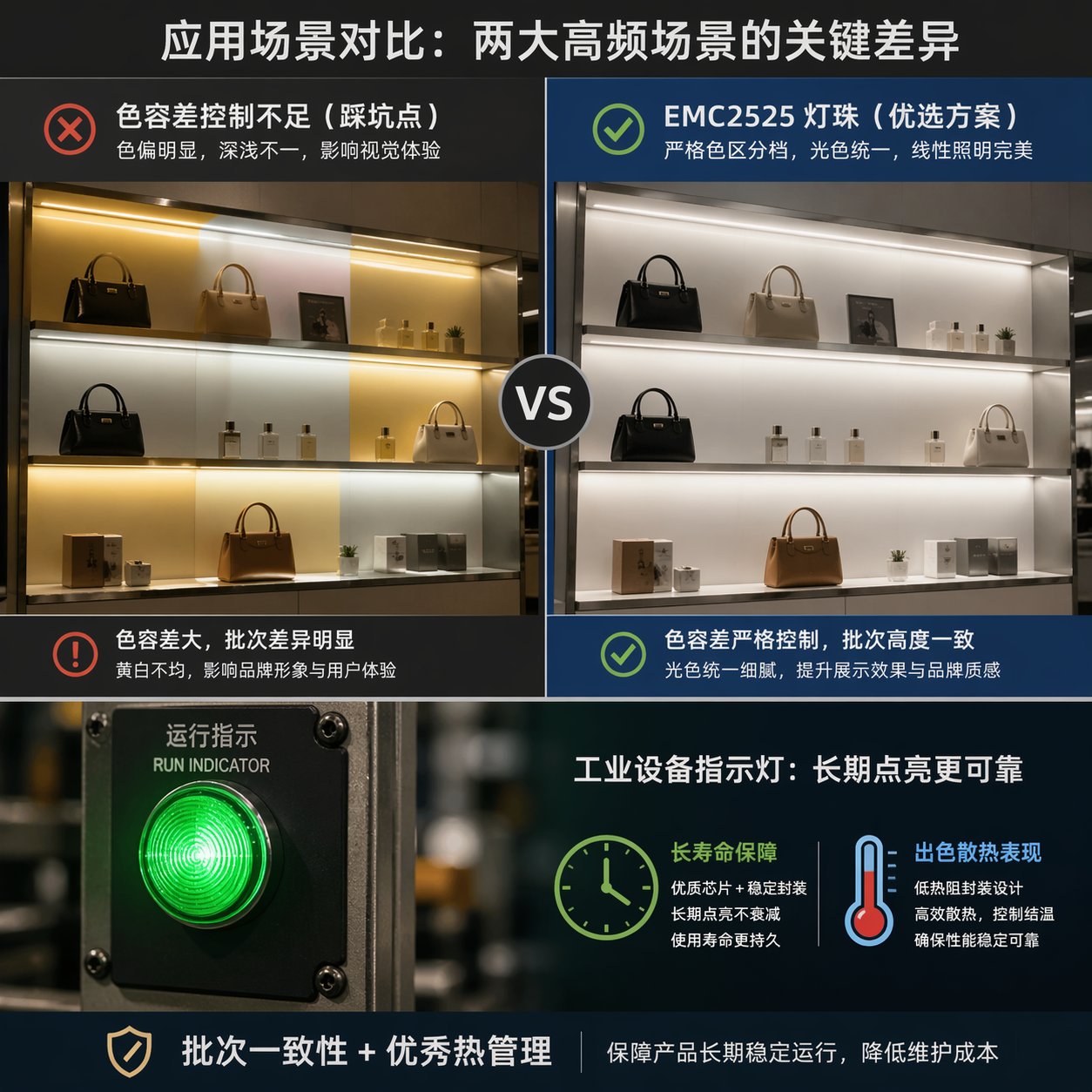 EMC2525白光LED在商用展示灯板和工业设备指示灯场景中的常见问题与解决方案对比图，强调色差一致性与长期稳定性