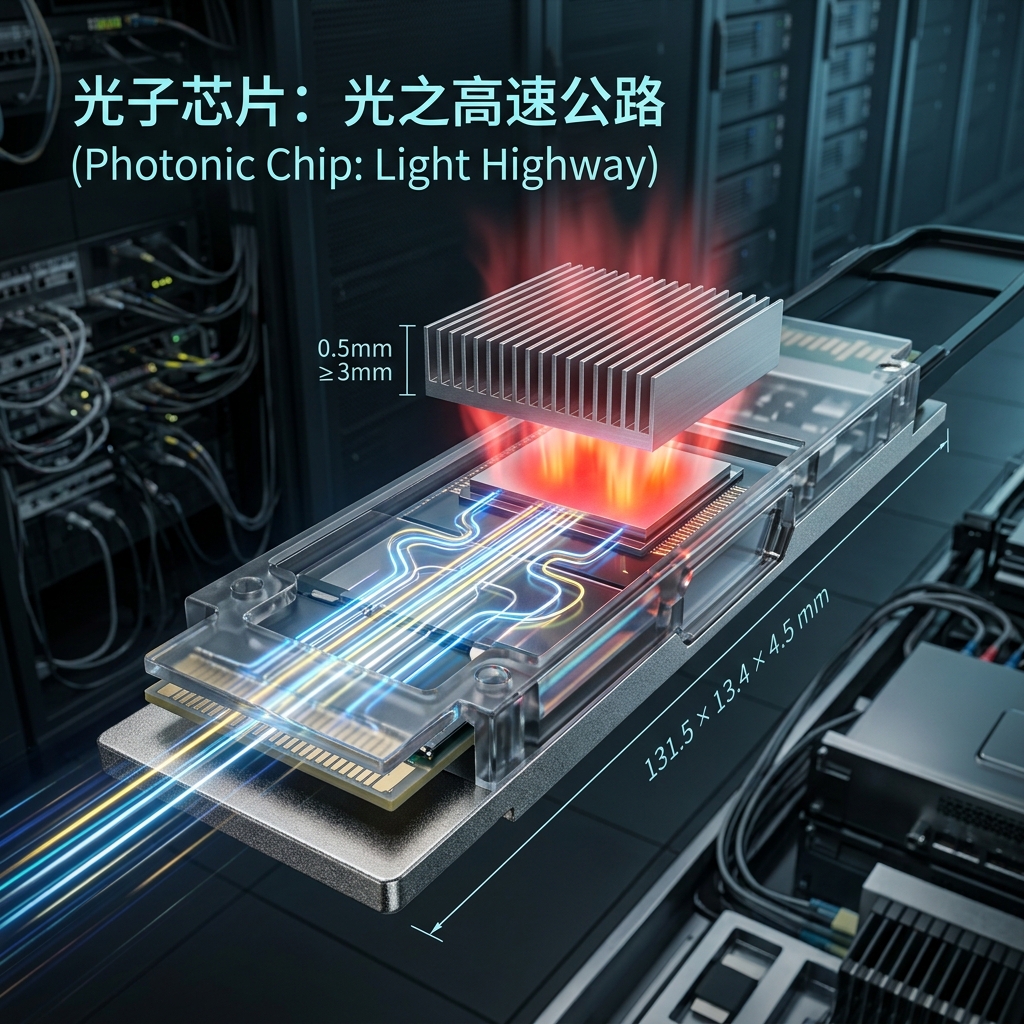 描绘光子芯片为‘光之高速公路’，展示QSFP-DD光模块内部结构及0.5-3mm微型散热片如何为131.5 × 13.4 × 4.5 mm的模块进行热管理，强调数据中心散热的重要性。