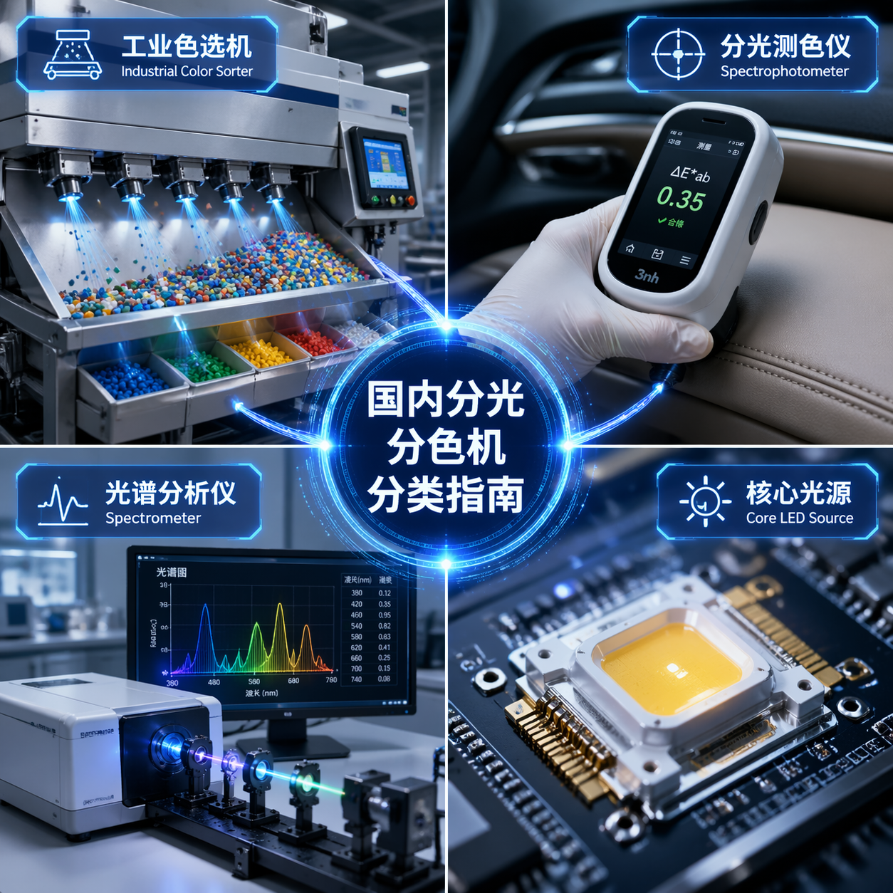 分光分色机四大应用领域示意图：工业色选机、分光测色仪、光谱分析仪与核心LED光源模组