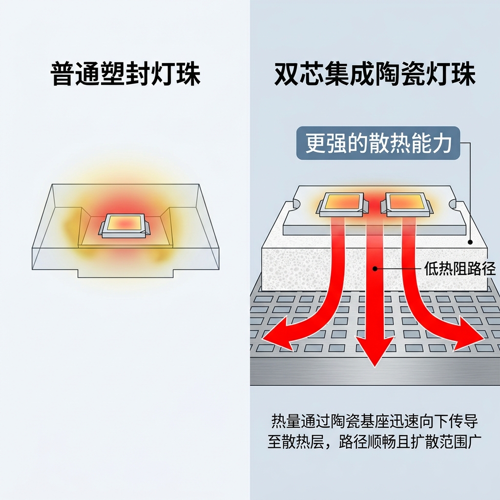 普通单芯LED与双芯集成陶瓷灯珠散热路径对比图，展示陶瓷基座如何提供更低的散热阻抗和更强的热导出能力