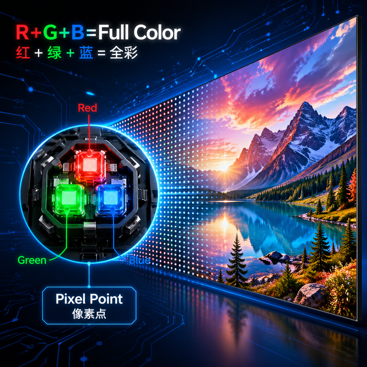 一张RGB LED显示屏微观像素点到全彩大屏的示意图，展示红绿蓝三色（R+G+B）如何组成全彩像素点，并形成完整的画面。