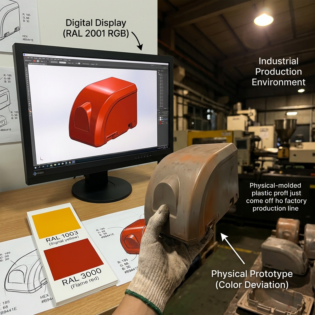 工业设计中屏幕显示（RAL 2001）与实际注塑产品（诡异脏橘色）的严重色差对比，中间放置RAL色卡作为参考，揭示了跨部门打样中的色彩偏差问题。