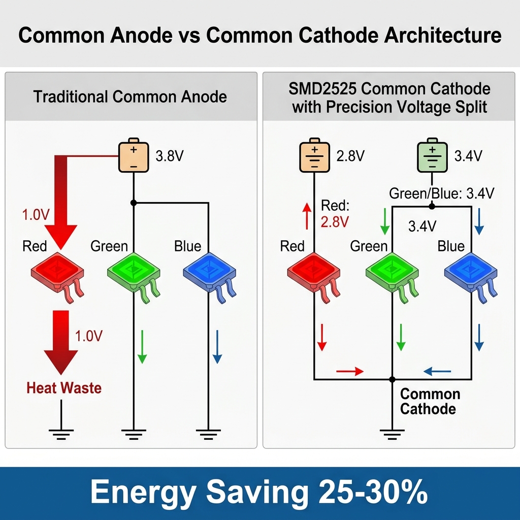 共阳极与共阴极驱动架构对比图，展示共阴极通过精准电压分压（红光2.8V，绿/蓝光3.4V）显著降低热量产生和实现25-30%节能