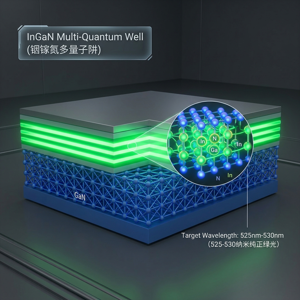 绿LED灯材料微观核心结构示意图：展示氮化镓（GaN）基底上的铟镓氮（InGaN）多量子阱发光层，发出525-530nm纯正绿光。