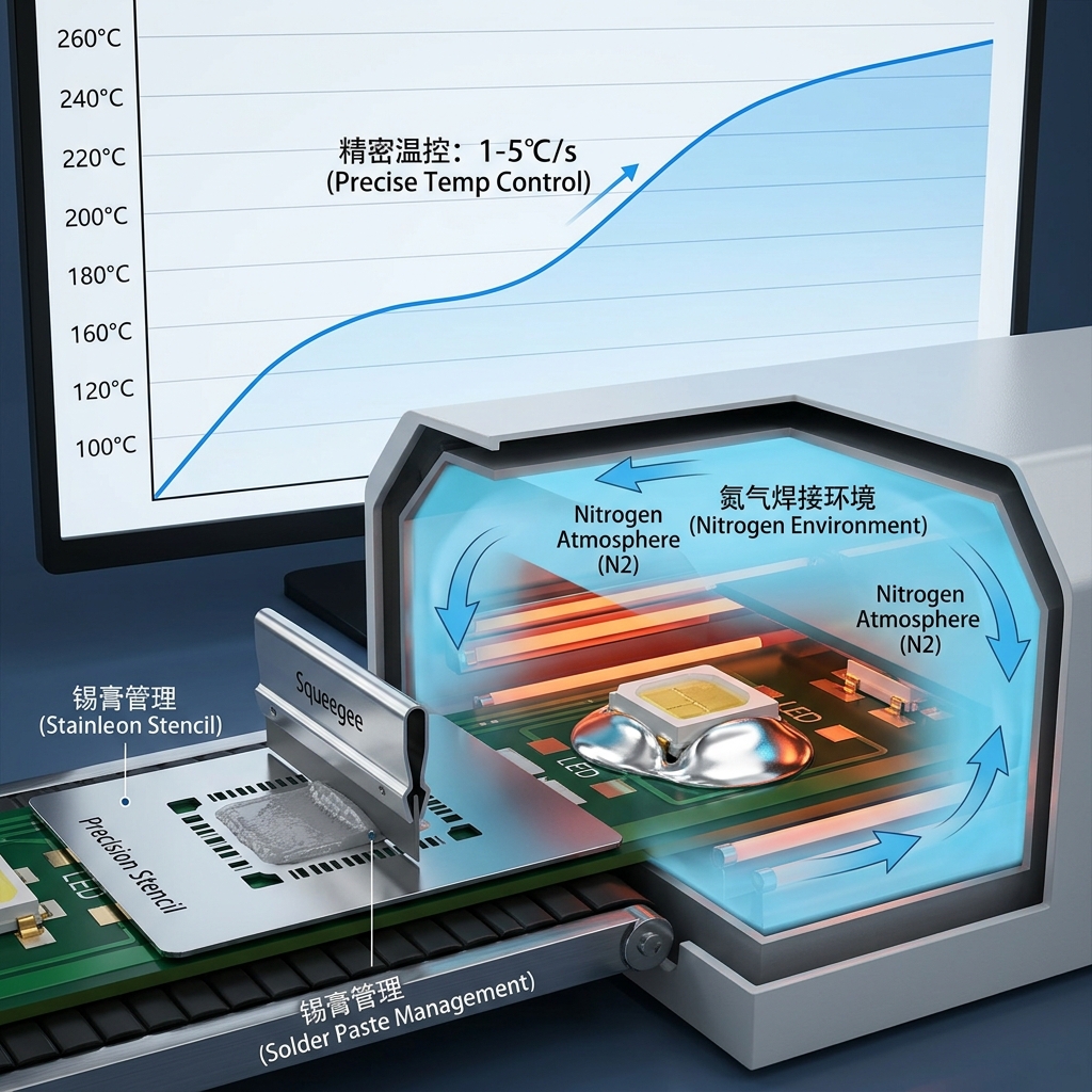 SMT回流焊的关键秘诀：精密温度曲线控制、氮气保护环境以及锡膏钢网印刷，确保LED焊接牢固